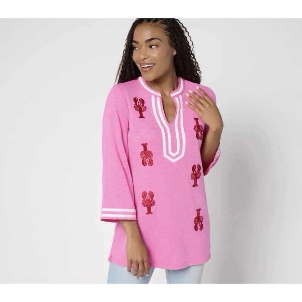 Belle by Kim Gravel Bellisima Slub Knit Lobster Top Preppy Pink Petite Small EUC